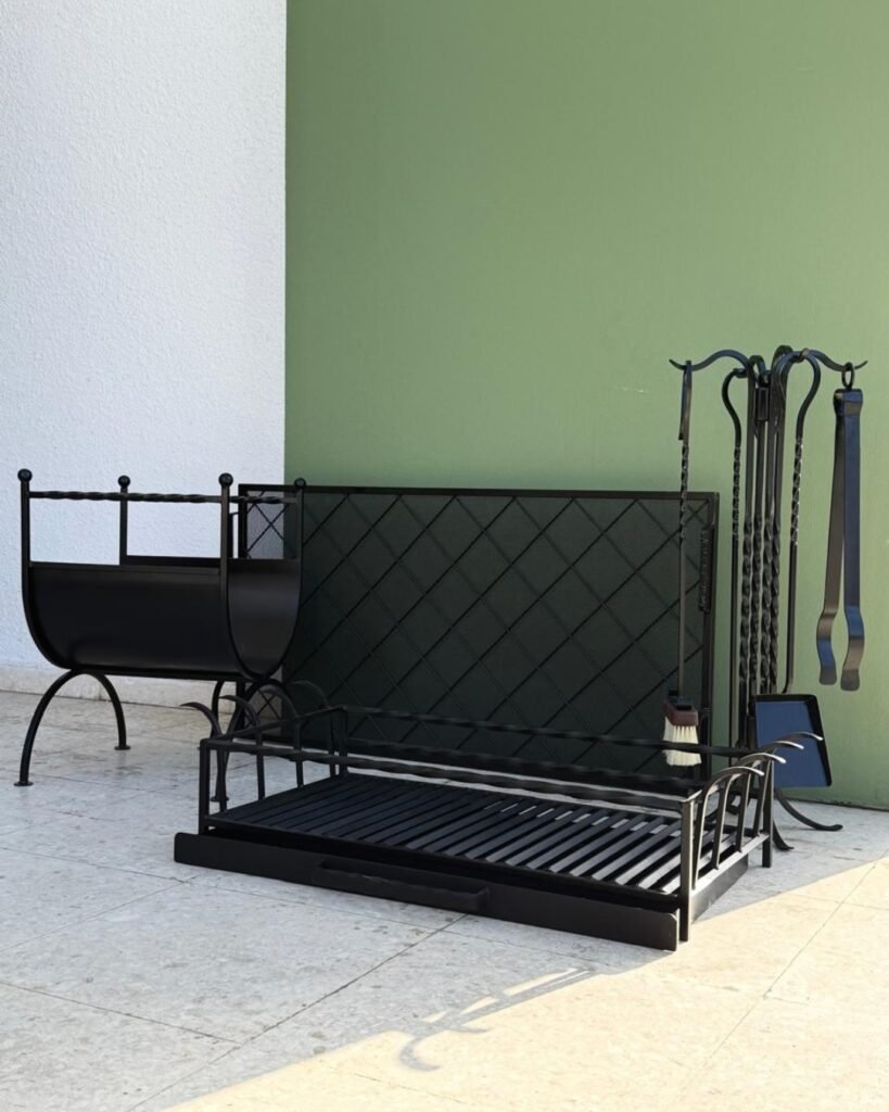 Custom fireplace screen and tool set handcrafted by Artifex