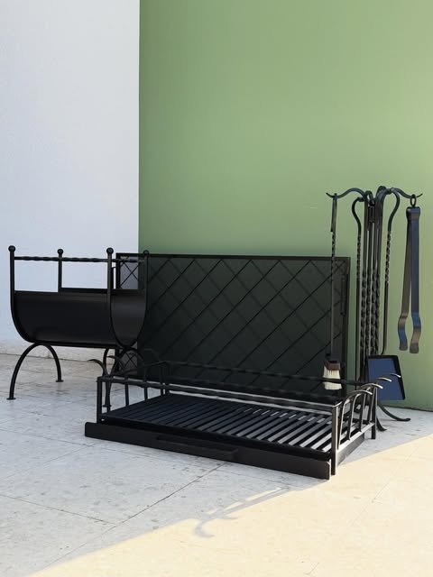 Handcrafted metal fireplace screen, log holder and companion tools