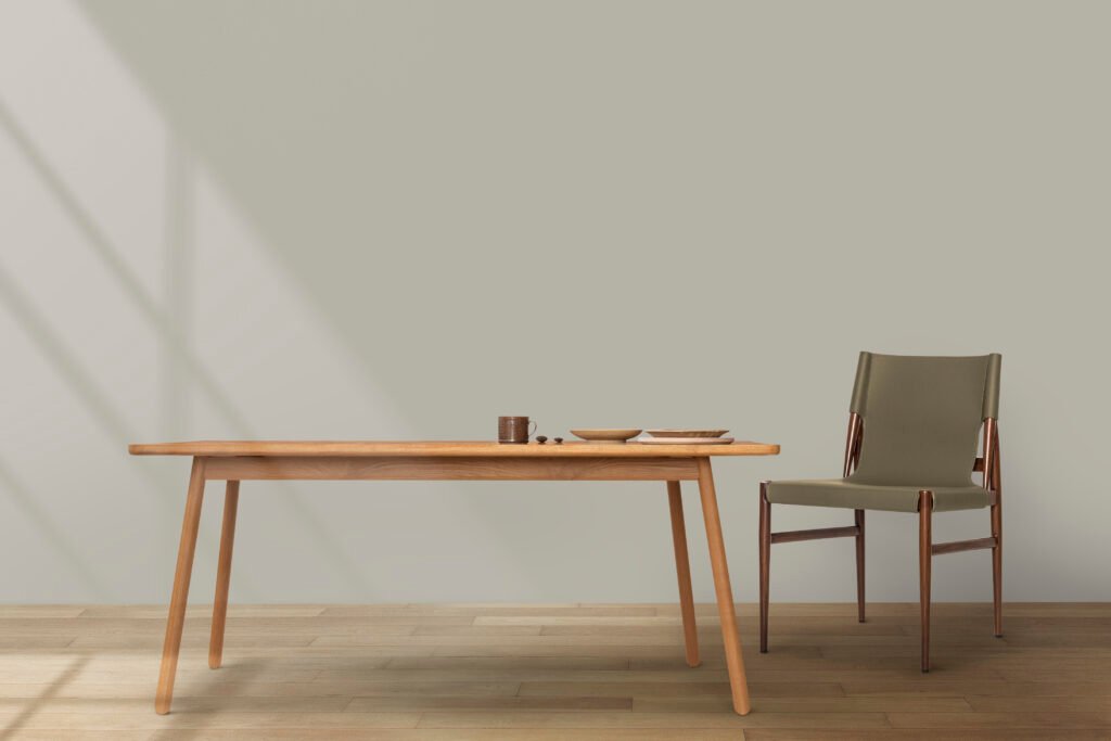 Japandi-style dining room with a wooden table and natural materials
