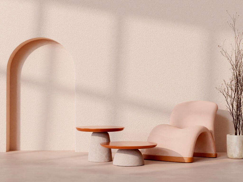 Interior visualisation with minimalist furniture and warm beige tones