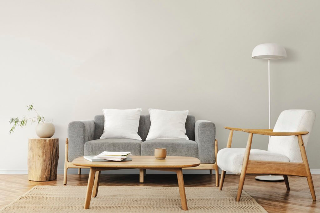 Scandinavian-style living room with natural materials and neutral furniture