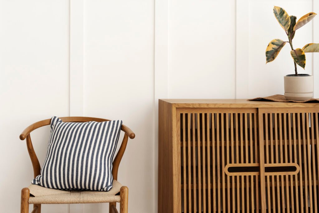 Scandinavian-style sideboard and chair with natural wood finishes