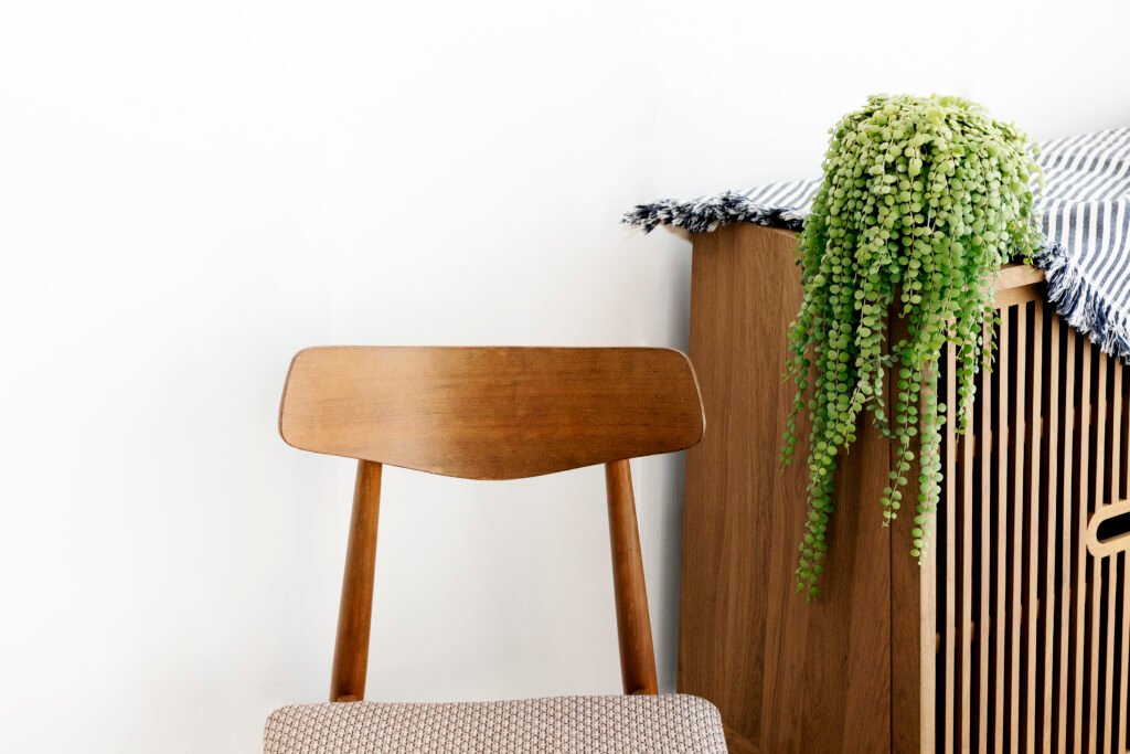 Trailing plant on a wooden cupboard in a softly lit interior